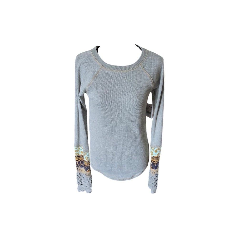 Free People Grey Waffle Knit Thermal Top Mixed Print Crochet Cuff Large - Picture 2 of 10